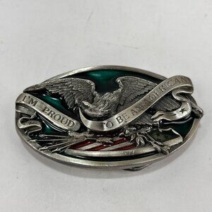 Vtg I'm Proud To Be An American Belt Buckle Enameled Metal USA 80s Bergamot